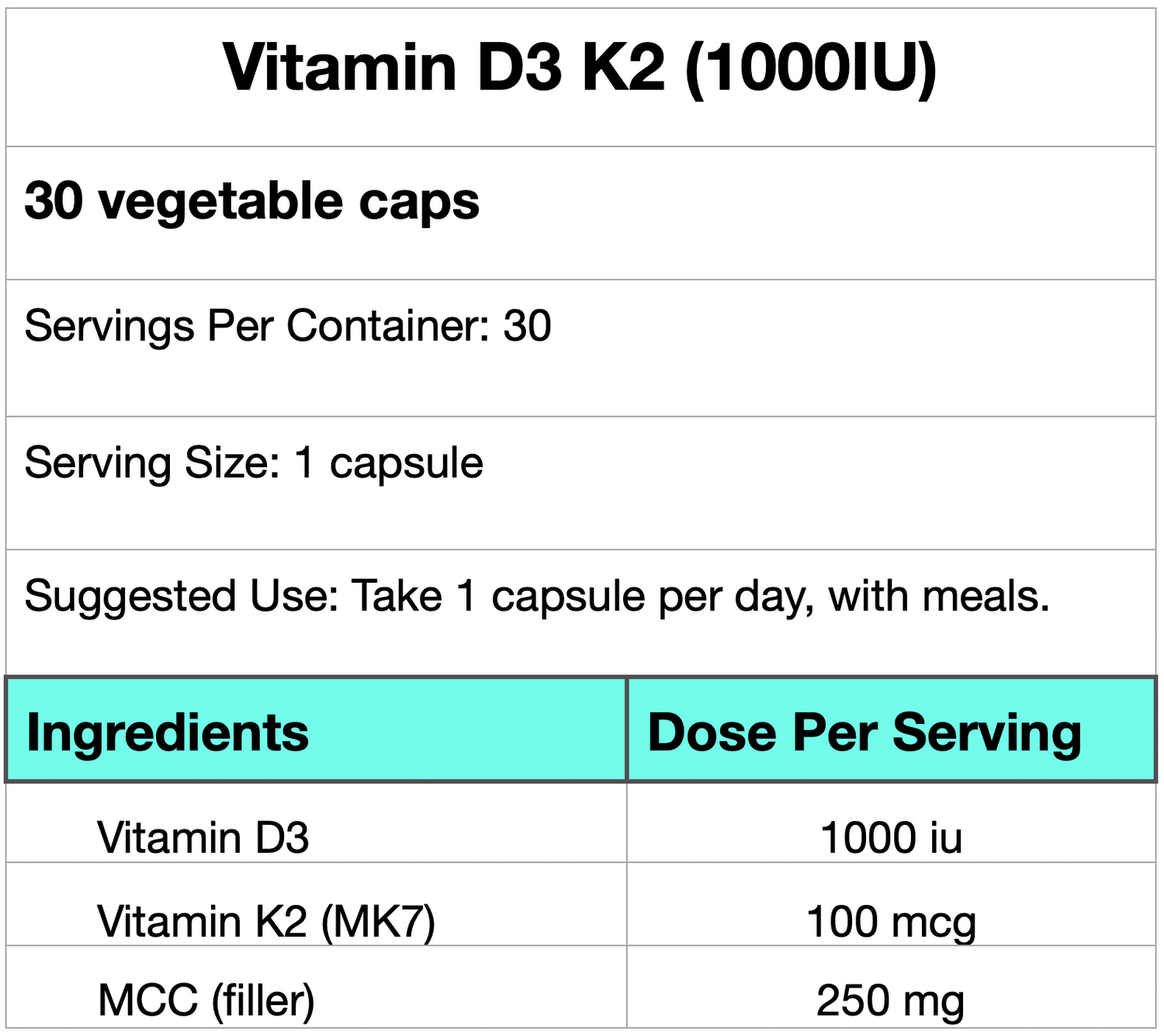 Vitamin D3 K2 (1000iu)